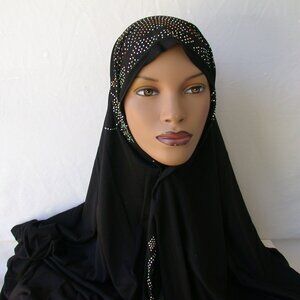 Muslim Hijab BLACK Shayla Fashion Rhinestones Jersey Scarves 28 x 70 inch Scarf